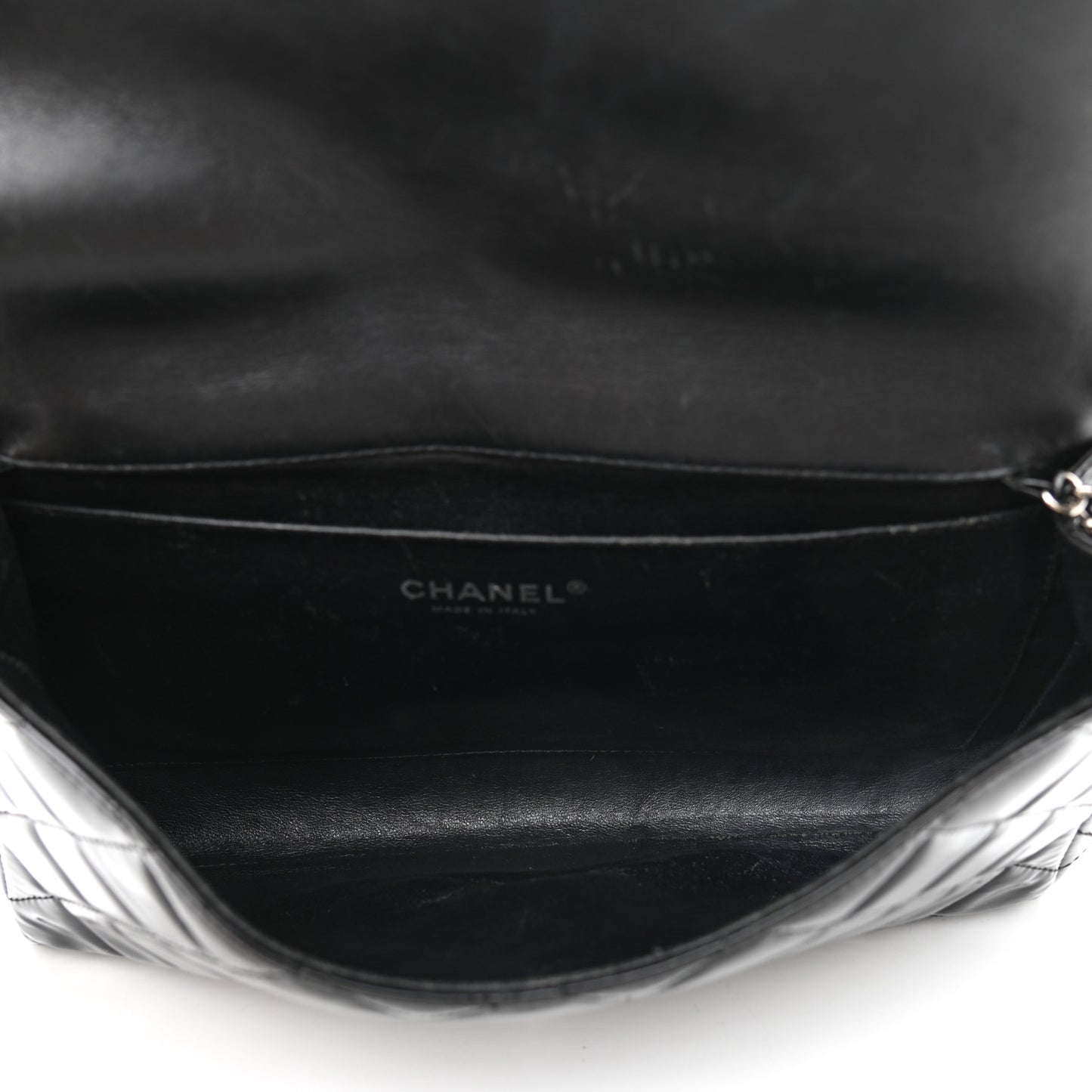 Patent Quilted Clutch with Chain Flap Black