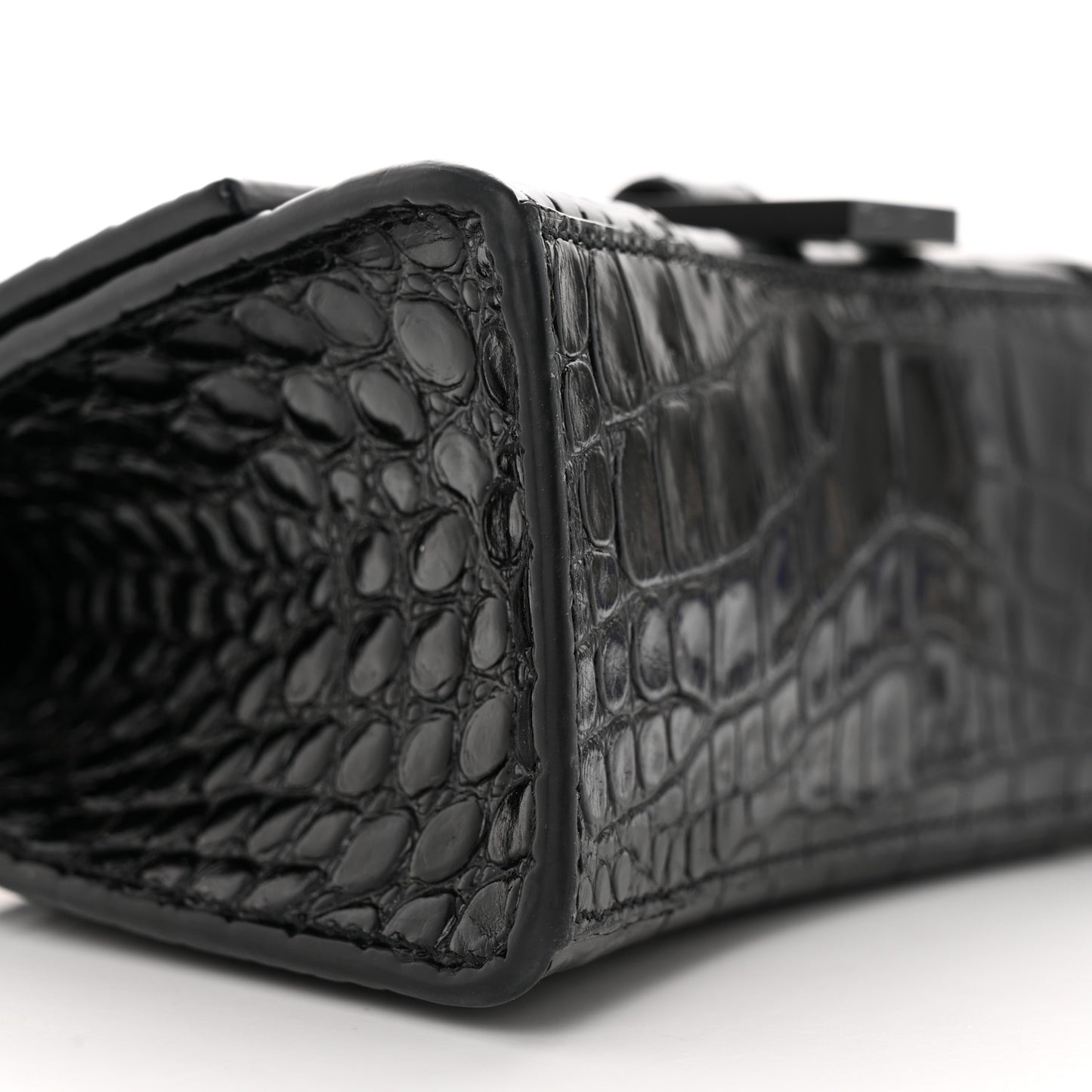 Shiny Calfskin Monochrome Crocodile Embossed Hourglass Top Handle Bag XS Black