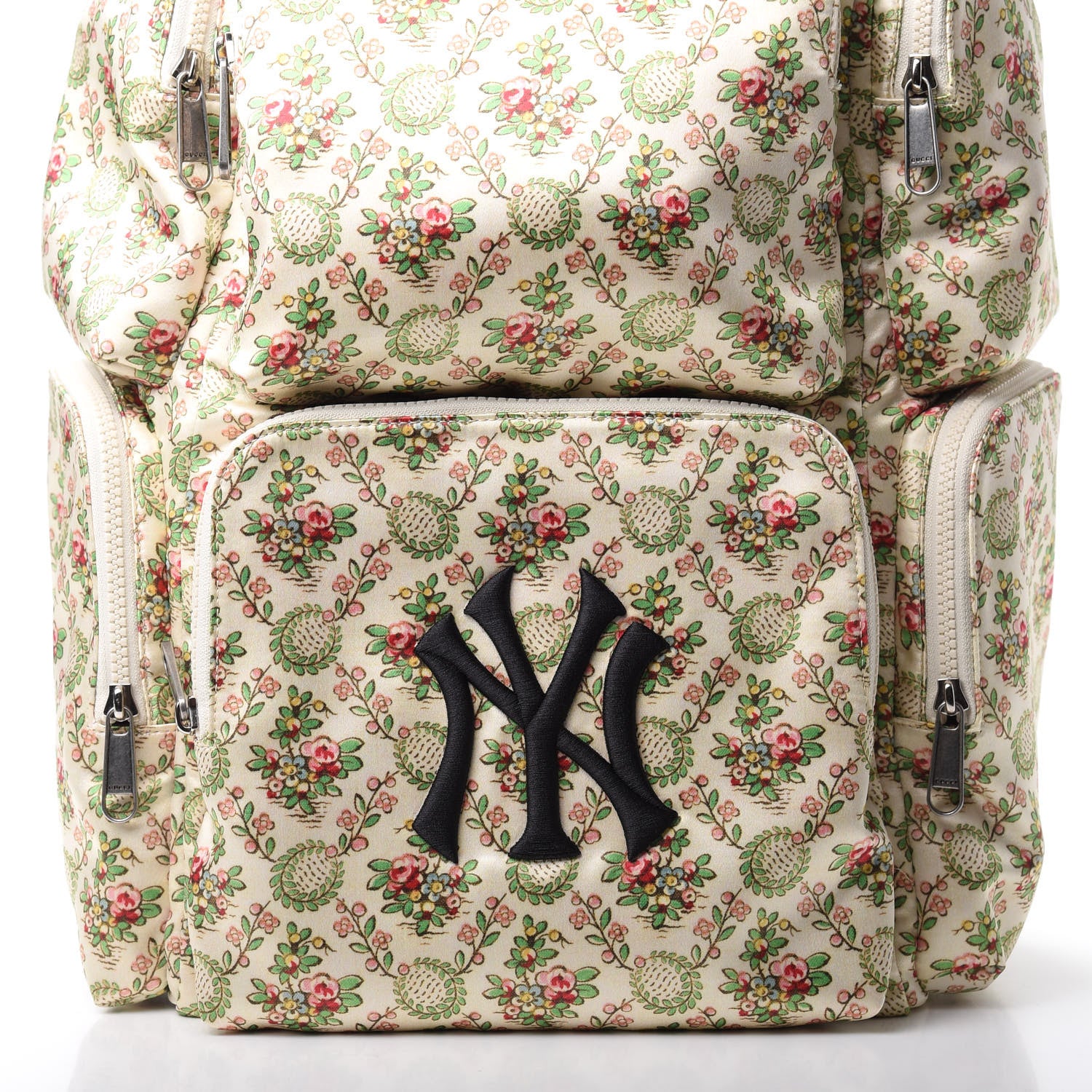 Gucci X MLB Satin Floral Print NY Yankees Patch Backpack Ivory Green 8 of 11