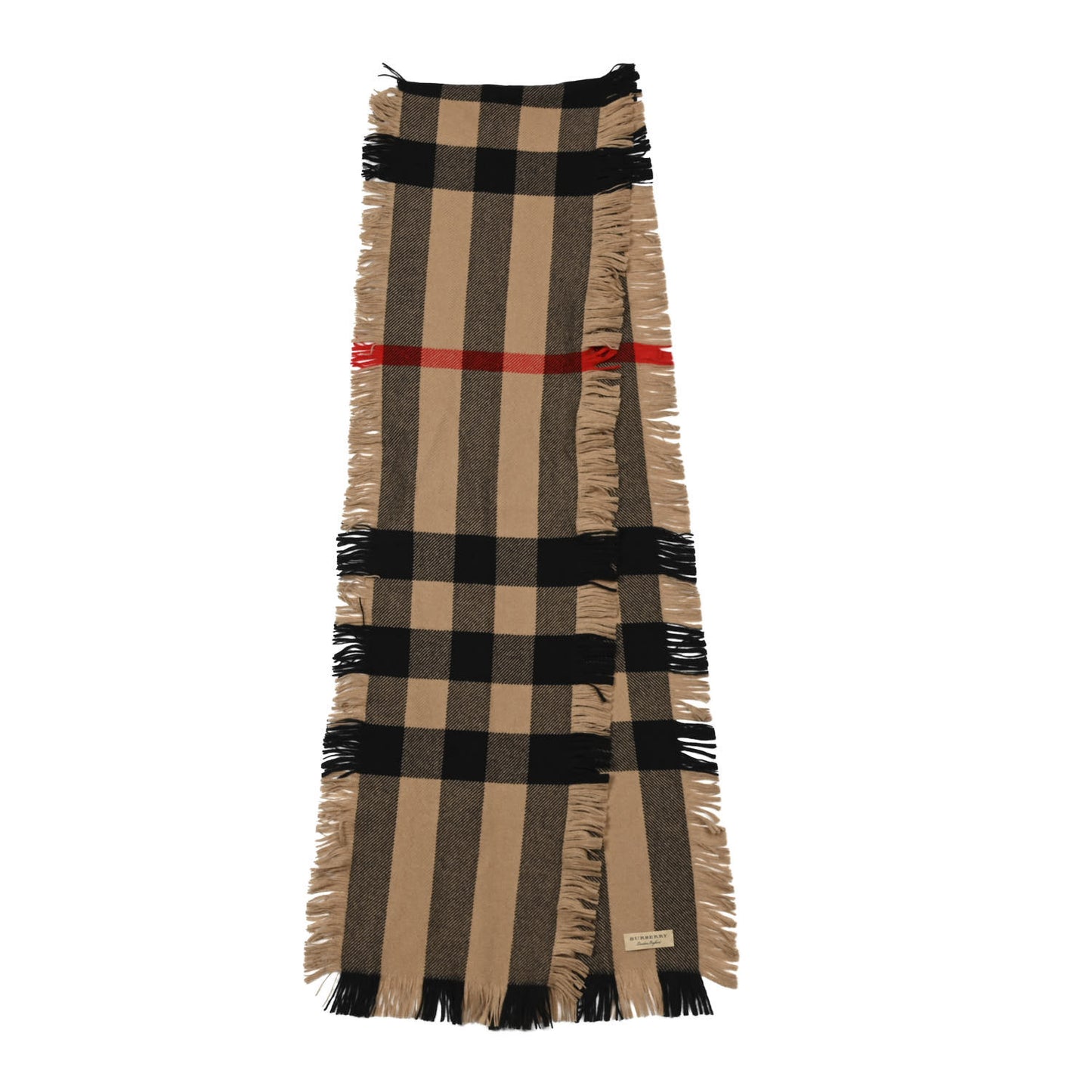 Wool Half Mega Check Fringe Scarf Camel