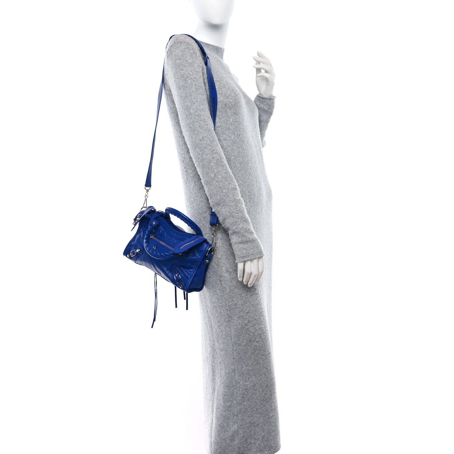 Balenciaga Agneau Classic Silver Hardware Mini City Logo Strap Bleu Electric Black 2 of 8