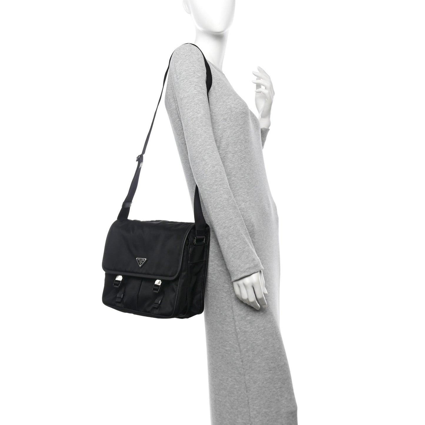 Tessuto Nylon Saffiano Large Double Snap Buckle Messenger Bag Black