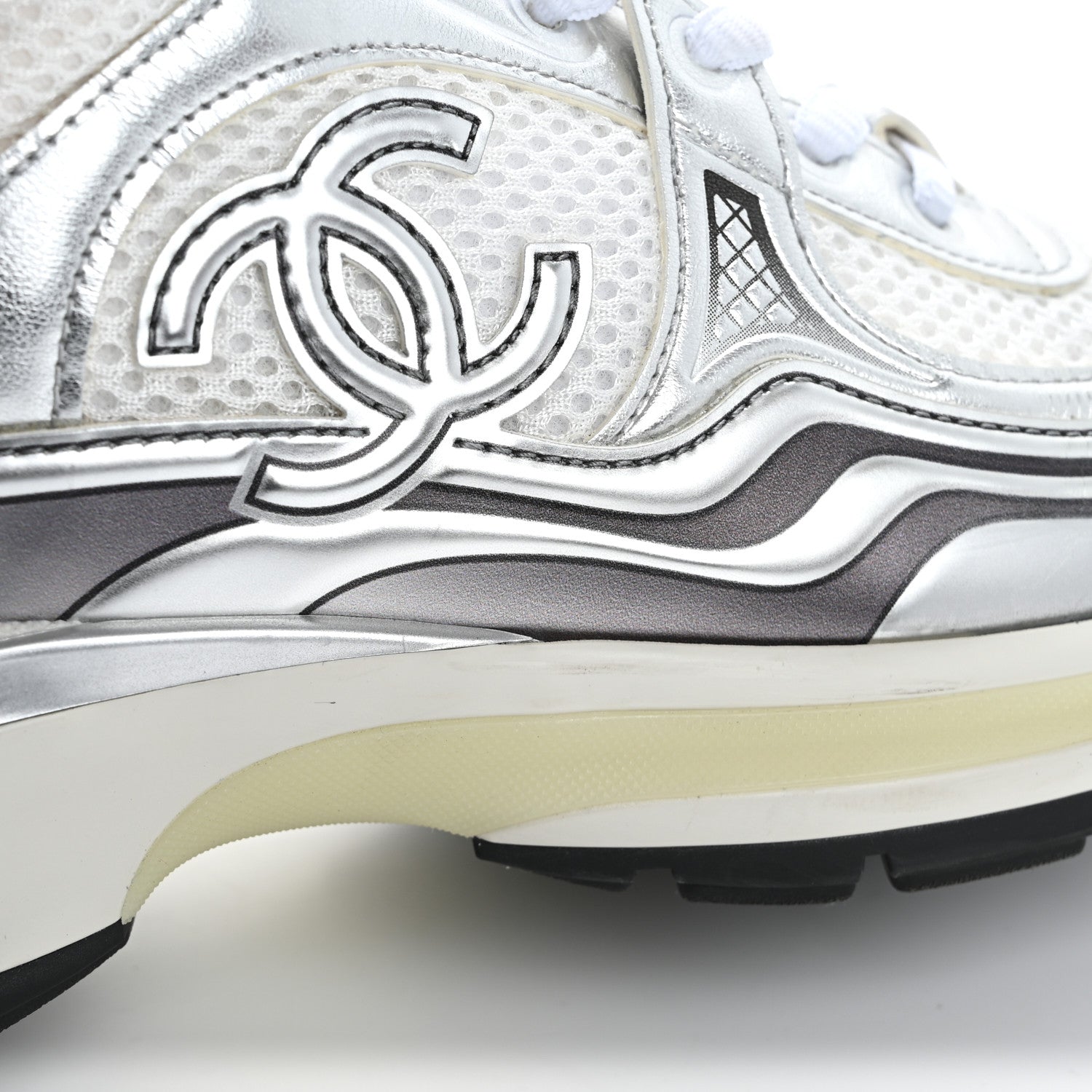 Chanel Fabric Laminated Calfskin Stretch CC Sneakers 37 White Silver 15 of 17