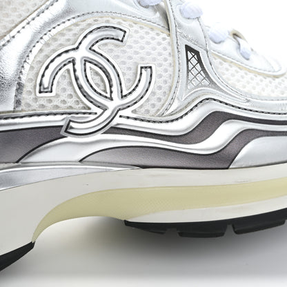 Chanel Fabric Laminated Calfskin Stretch CC Sneakers 37 White Silver 15 of 17