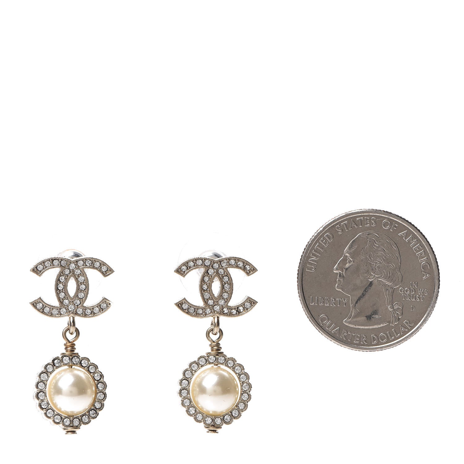 Chanel Crystal Pearl CC Drop Earrings Gold 2 of 5
