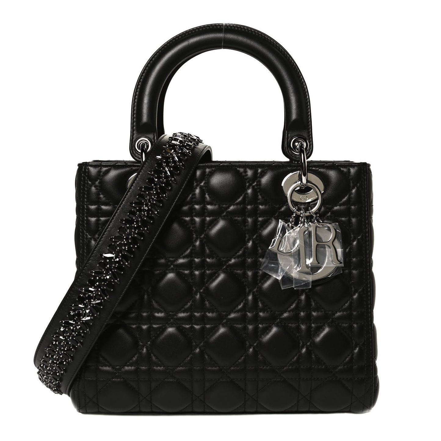 Lambskin Cannage Medium Lady Dior Crystal Strap Black