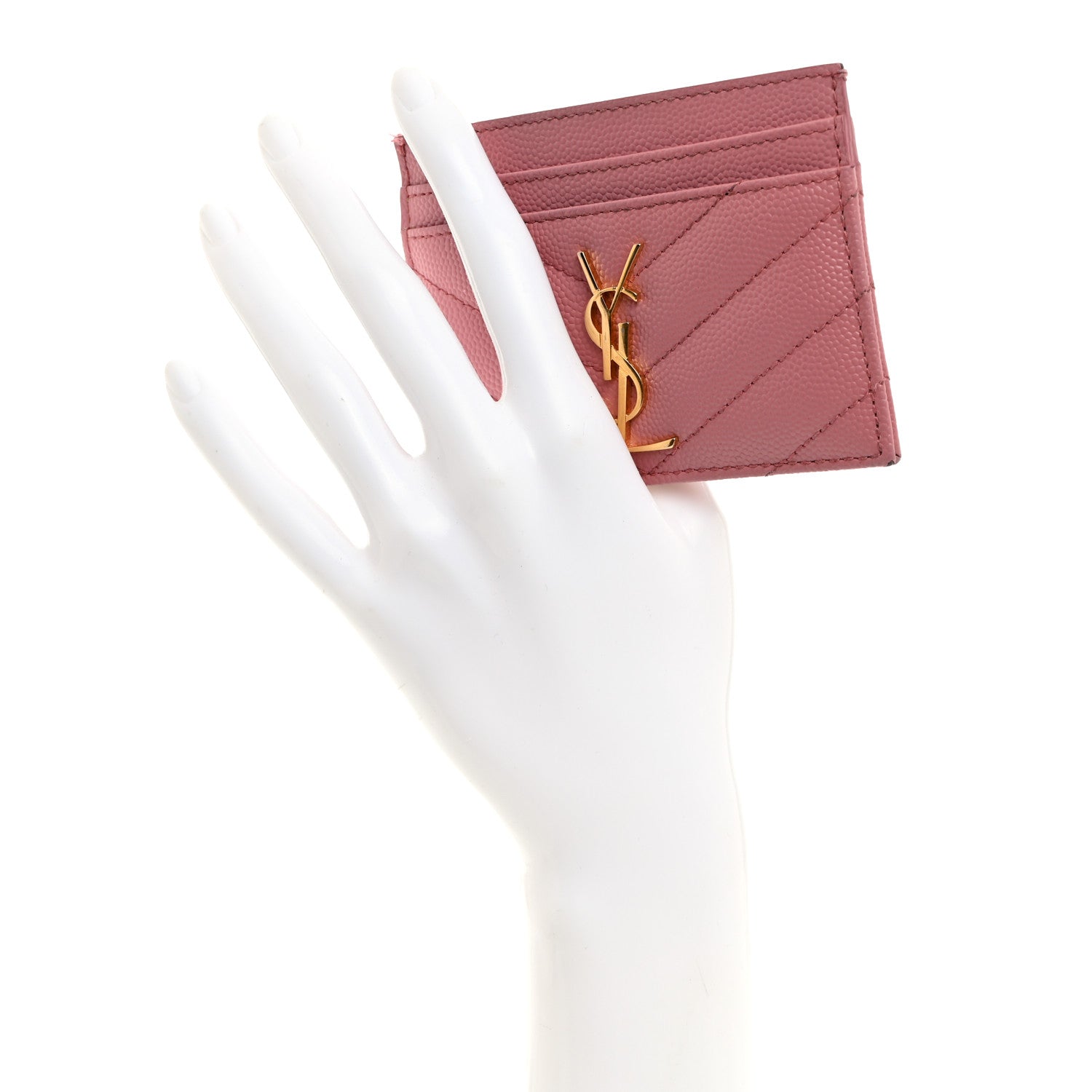 Saint Laurent Grain De Poudre Matelasse Chevron Monogram Credit Card Case Dark Rose 2 of 12
