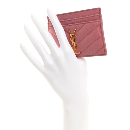 Saint Laurent Grain De Poudre Matelasse Chevron Monogram Credit Card Case Dark Rose 2 of 12