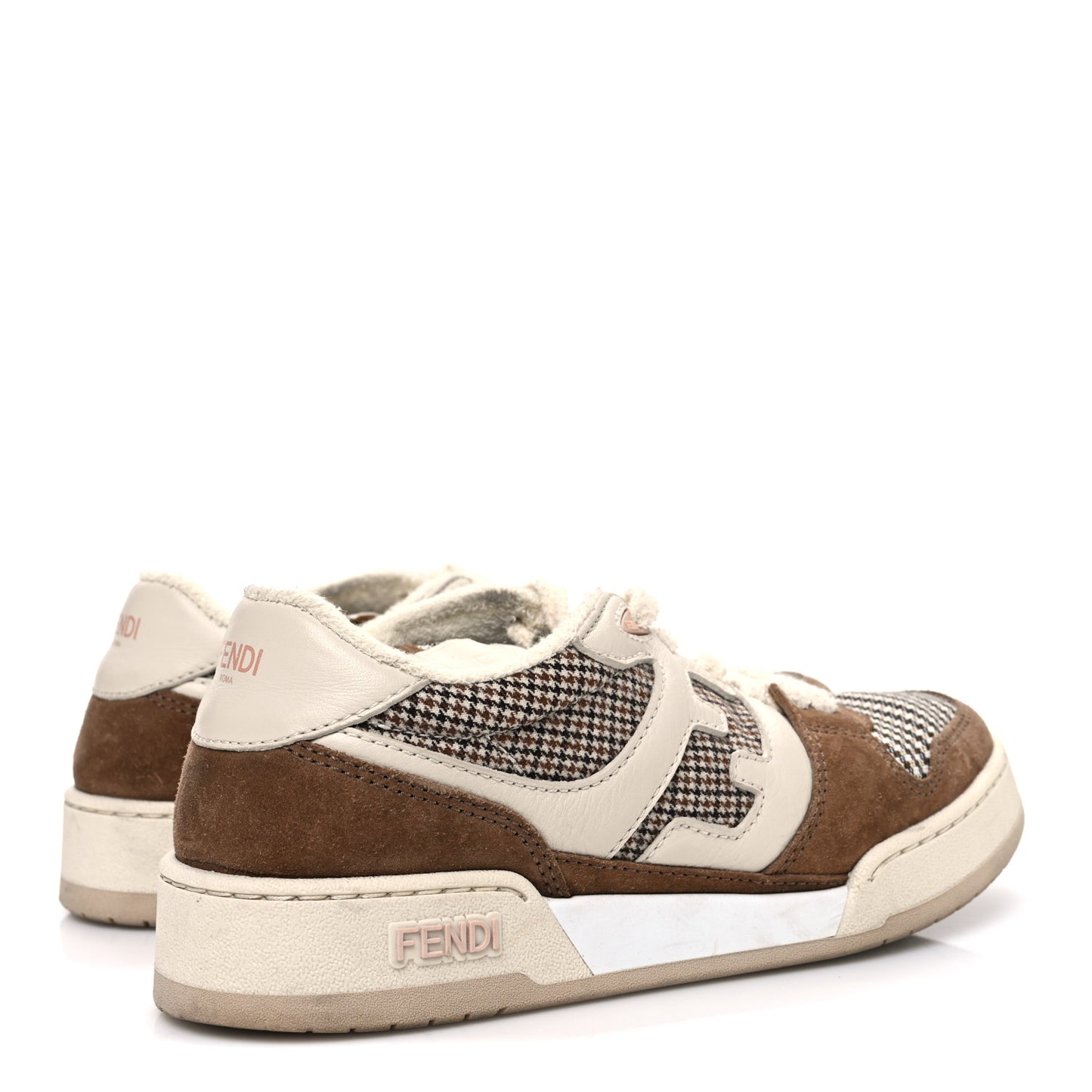 Calfskin Suede Houndstooth Fendi Match Low Top Sneakers 37 Cream Brown