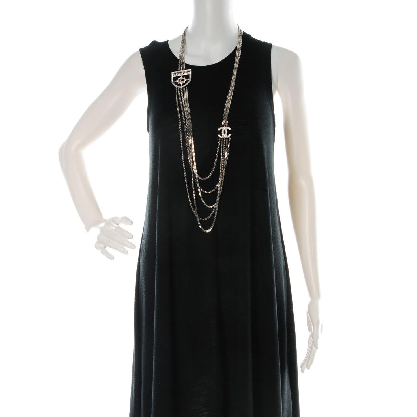 Baguette Crystal CC Shield Multi Strand Long Chain Necklace Silver