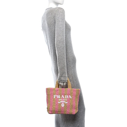 Prada Yarn Raffia Effect Crochet Striped Small Logo Tote Naturale Petalo 2 of 11