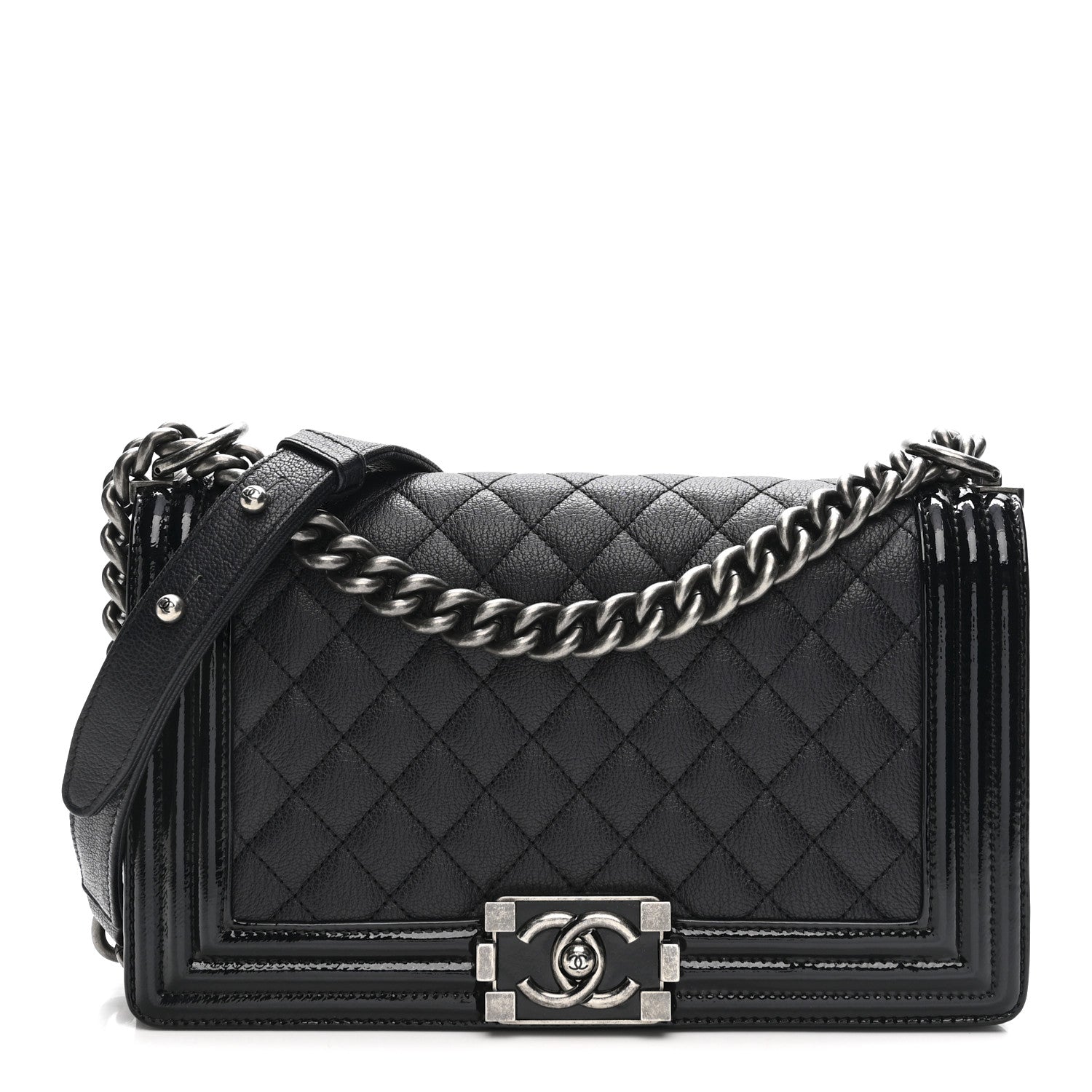 Chanel Goatskin Quilted Patent Medium Duo Boy Flap Dark Blue 1 of 13