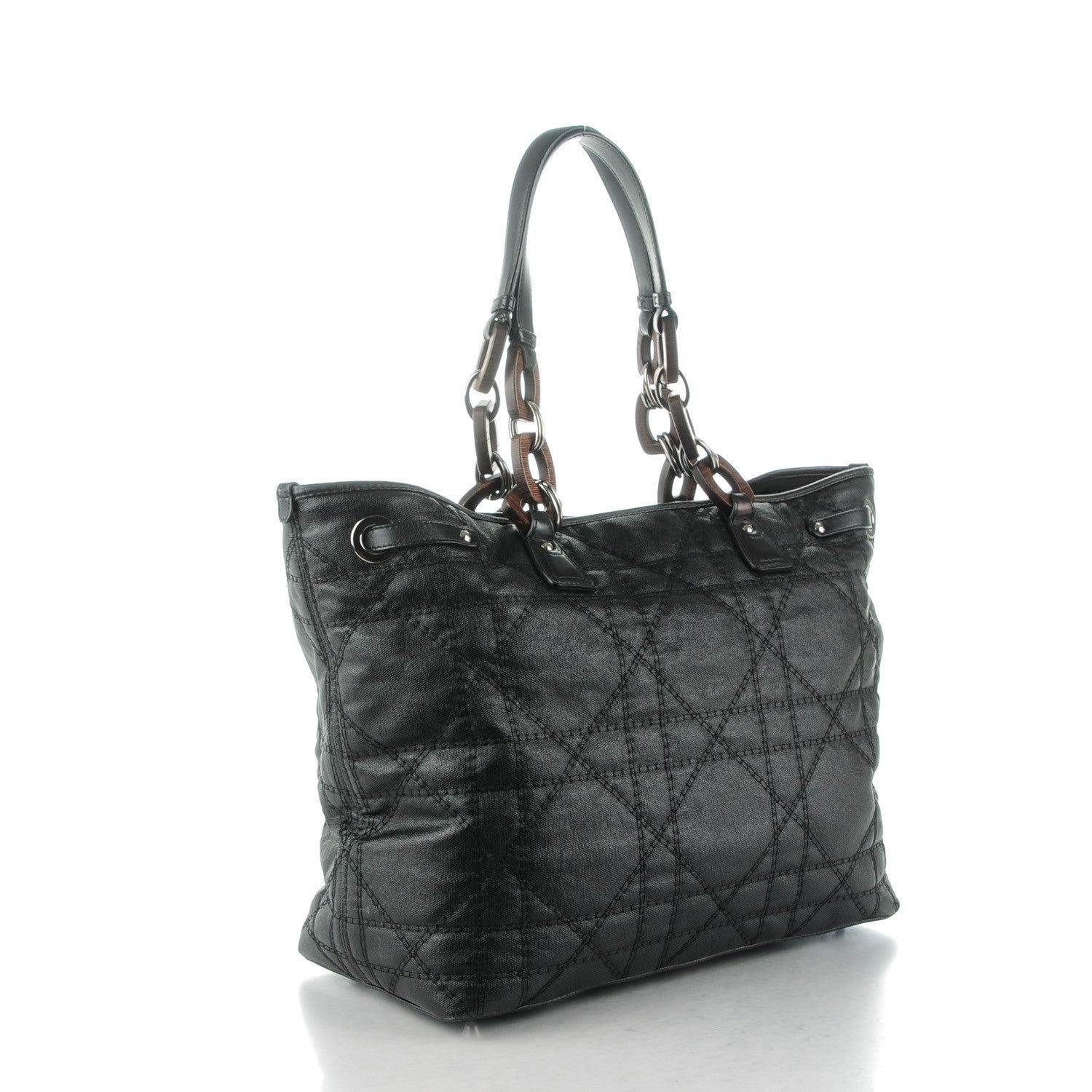 Christian Dior Coated Canvas Cannage Large Panarea Wood Tote Black 3 of 9