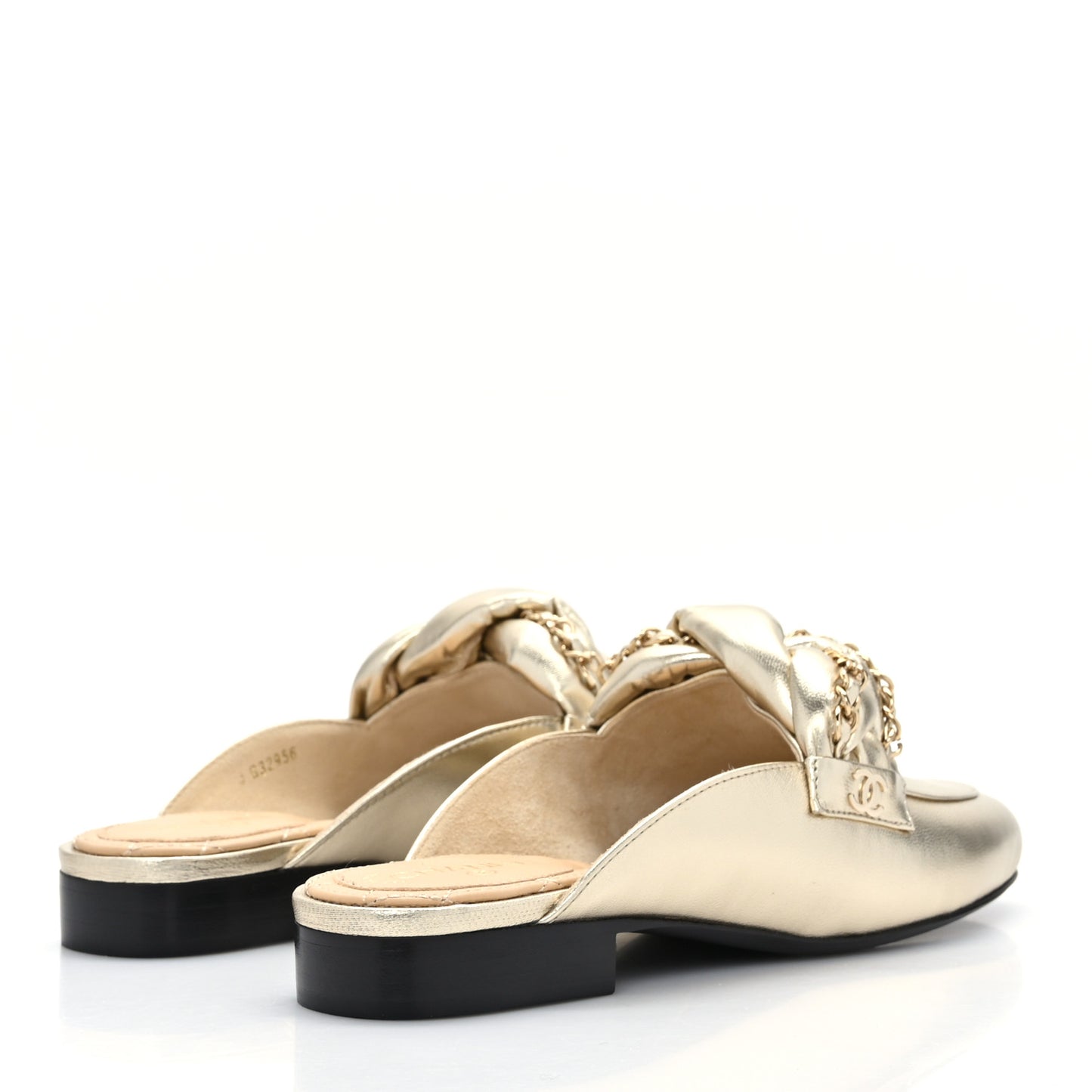 Metallic Lambskin Chain Braided Mules 36 Light Gold