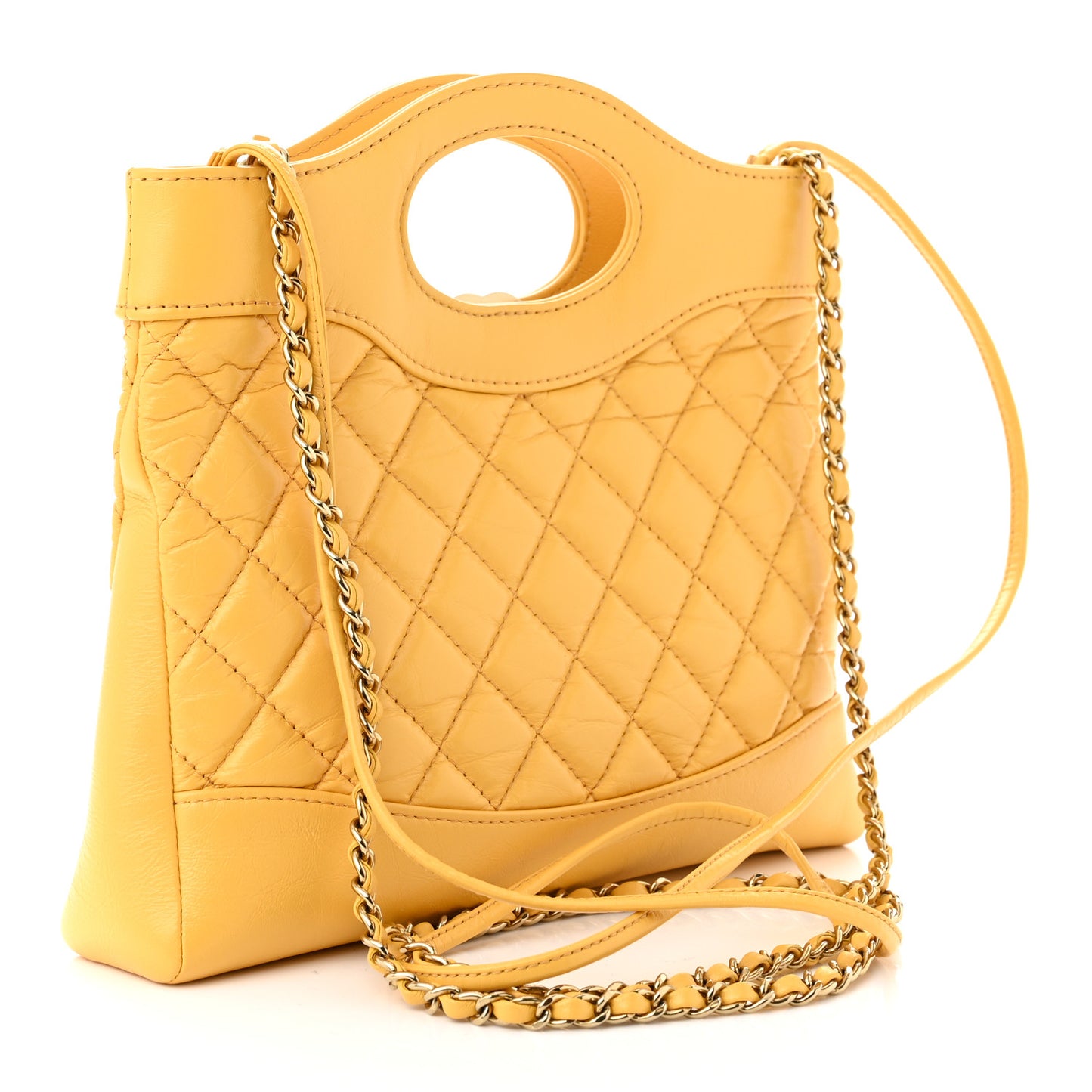 Shiny Crumpled Calfskin Quilted Mini 31 Shopping Bag Yellow