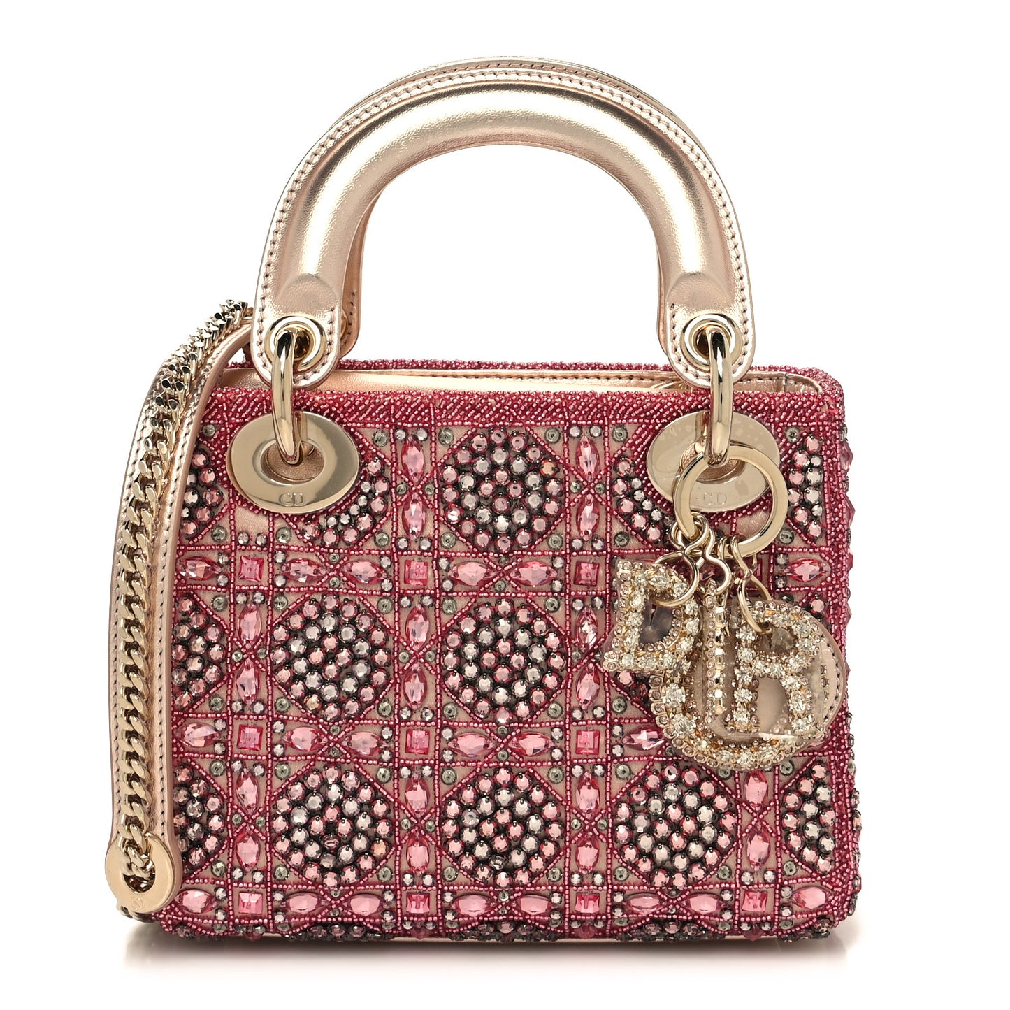 Metallic Calfskin Satin Celestial Bead Embroidery Cannage Mini Lady Dior Rose Des Vents
