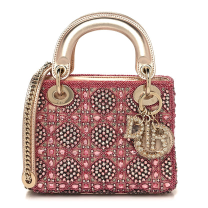 Christian Dior Metallic Calfskin Satin Celestial Bead Embroidery Cannage Mini Lady Dior Rose Des Vents 1 of 13