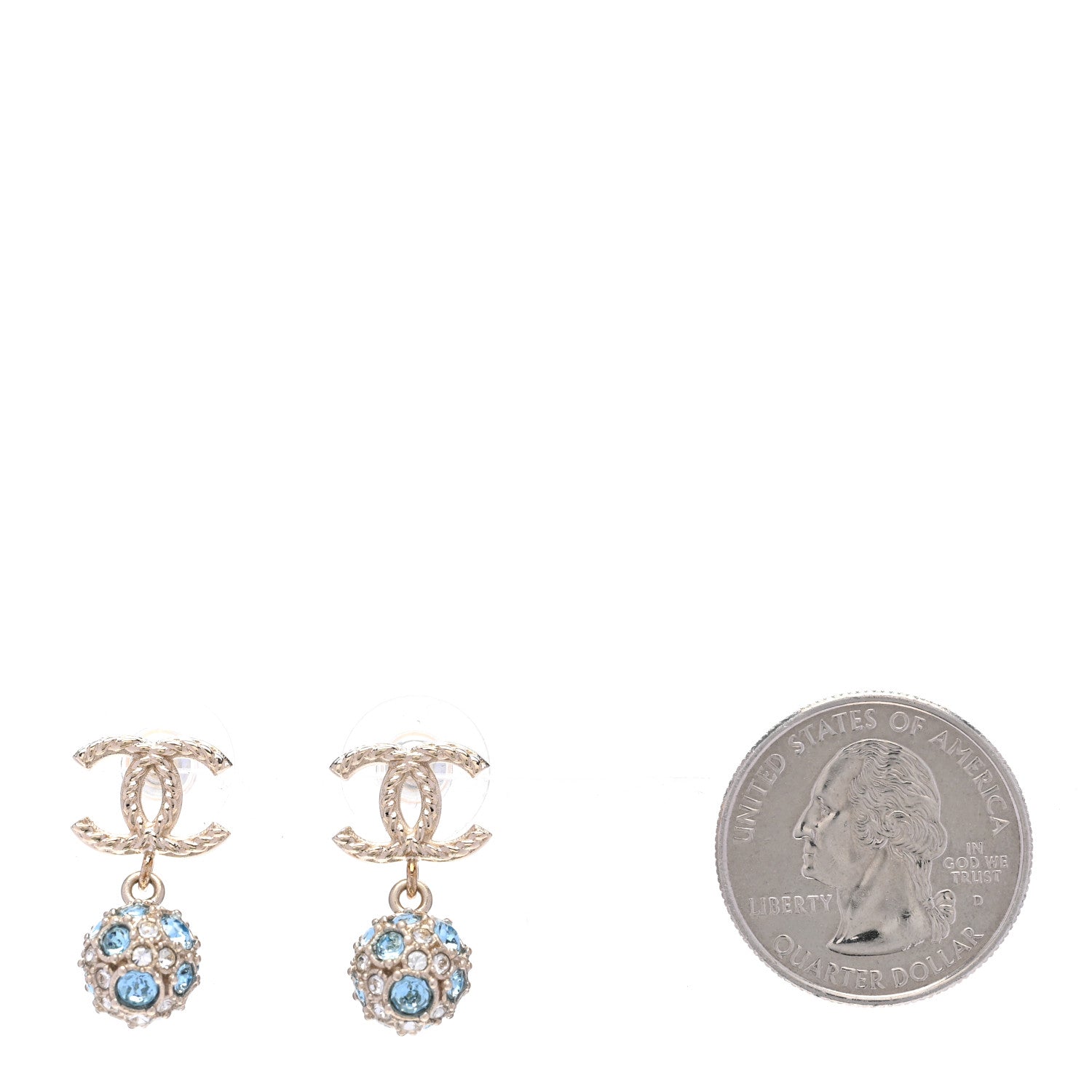 Chanel Crystal CC Ball Drop Earrings Gold Blue 2 of 5