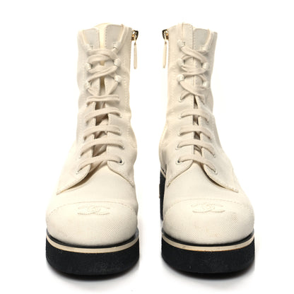 Chanel Fabric Lace Up Combat Boots 39 White 2 of 14