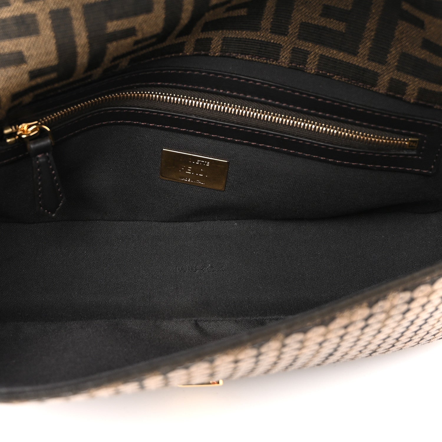 Fendi Fabric Jacquard Paillettes Vitello Seta FF 1974 Baguette Testa di Moro Real Ebano 5 of 12