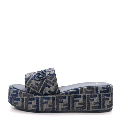 Fendi Chenille Womens FF Sunshine Flatform Slide Sandals 41 Grigio Blue 1 of 9