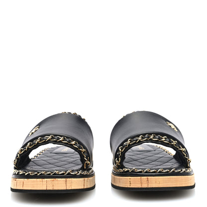 Chanel Lambskin Chain Cork Slide Sandals 39 Black 3 of 7