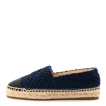Chanel Tweed Grosgrain CC Espadrilles 37 Navy Black 1 of 11