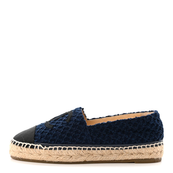 Chanel Tweed Grosgrain CC Espadrilles 37 Navy Black 1875955