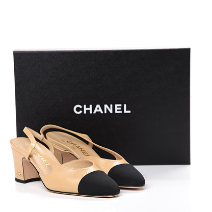 Chanel Goatskin Grosgrain Cap Toe CC Slingback Pumps 35 Beige Black 12 of 12