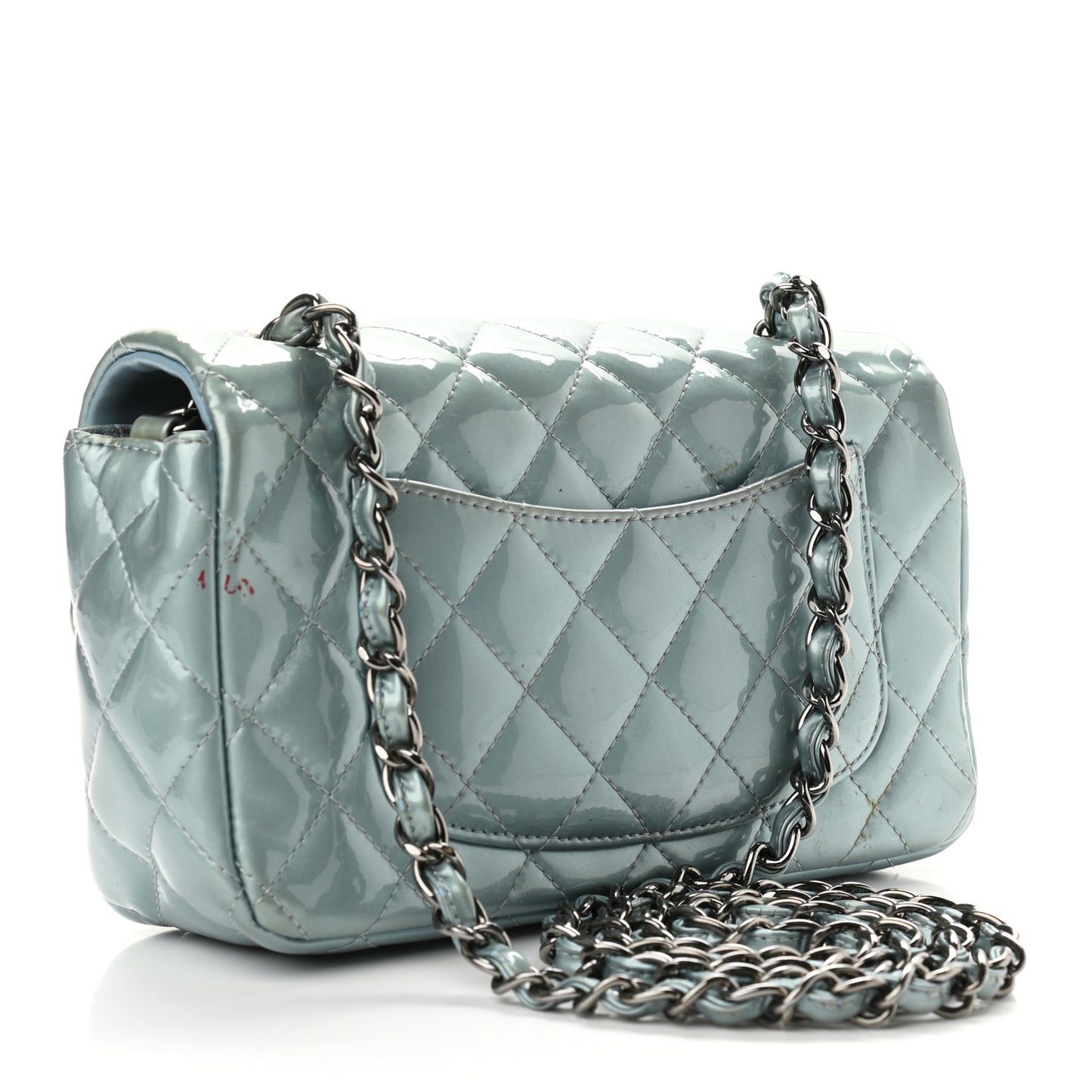 Patent Calfskin Quilted Mini Rectangular Flap Light Blue