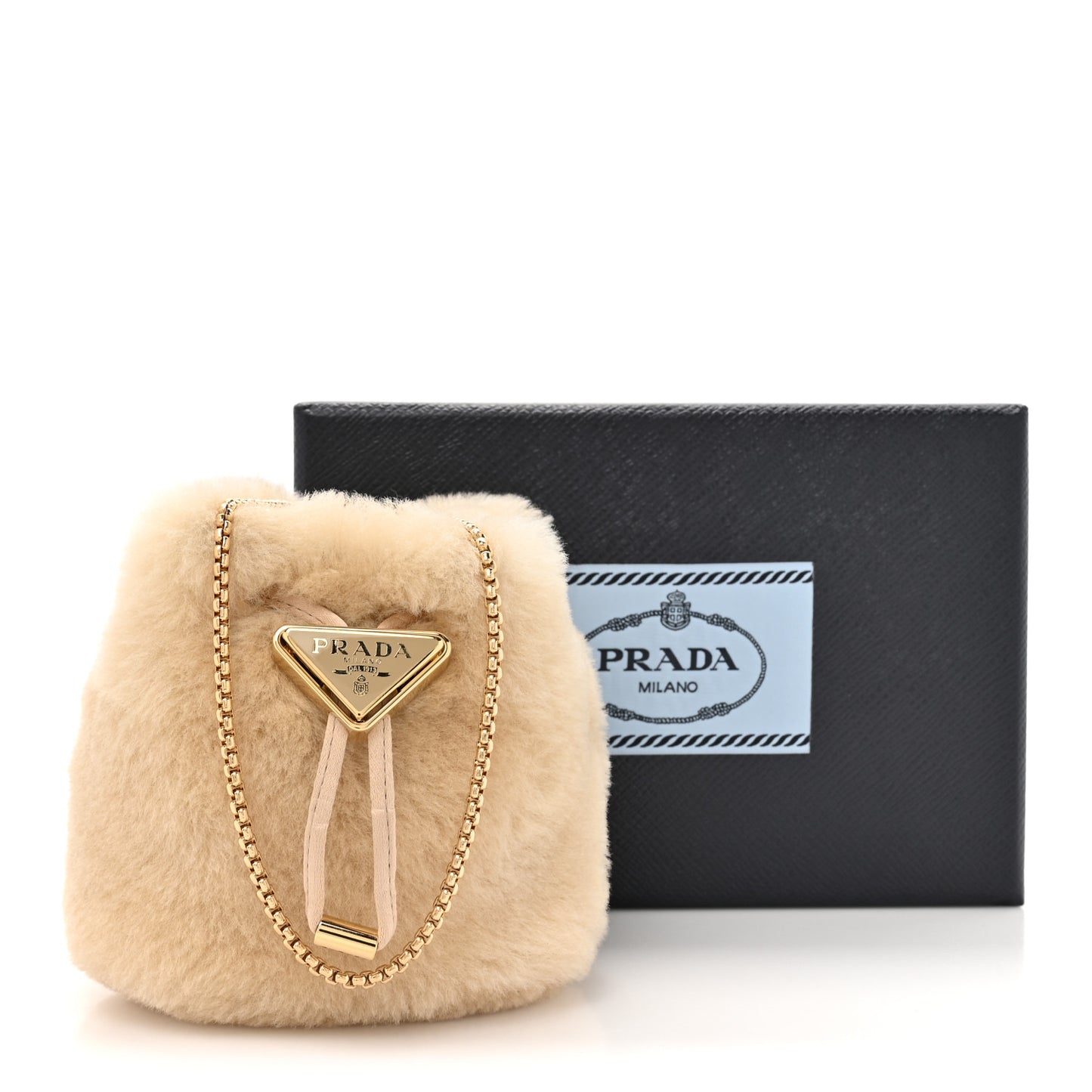 Shearling Metal Triangle Logo Mini Drawcord Pouch Shoulder Bag Ecru