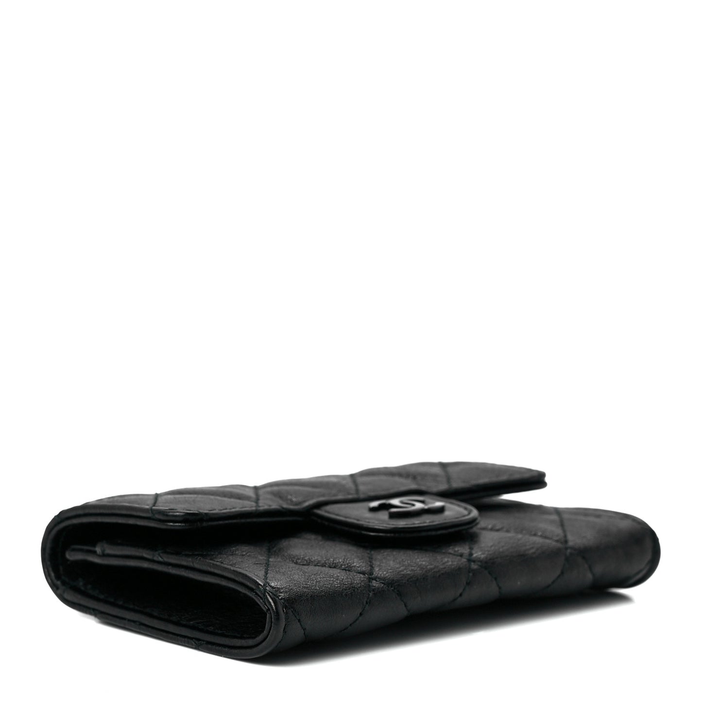 Crumpled Calfskin Quilted Flap Card Holder Wallet So Black