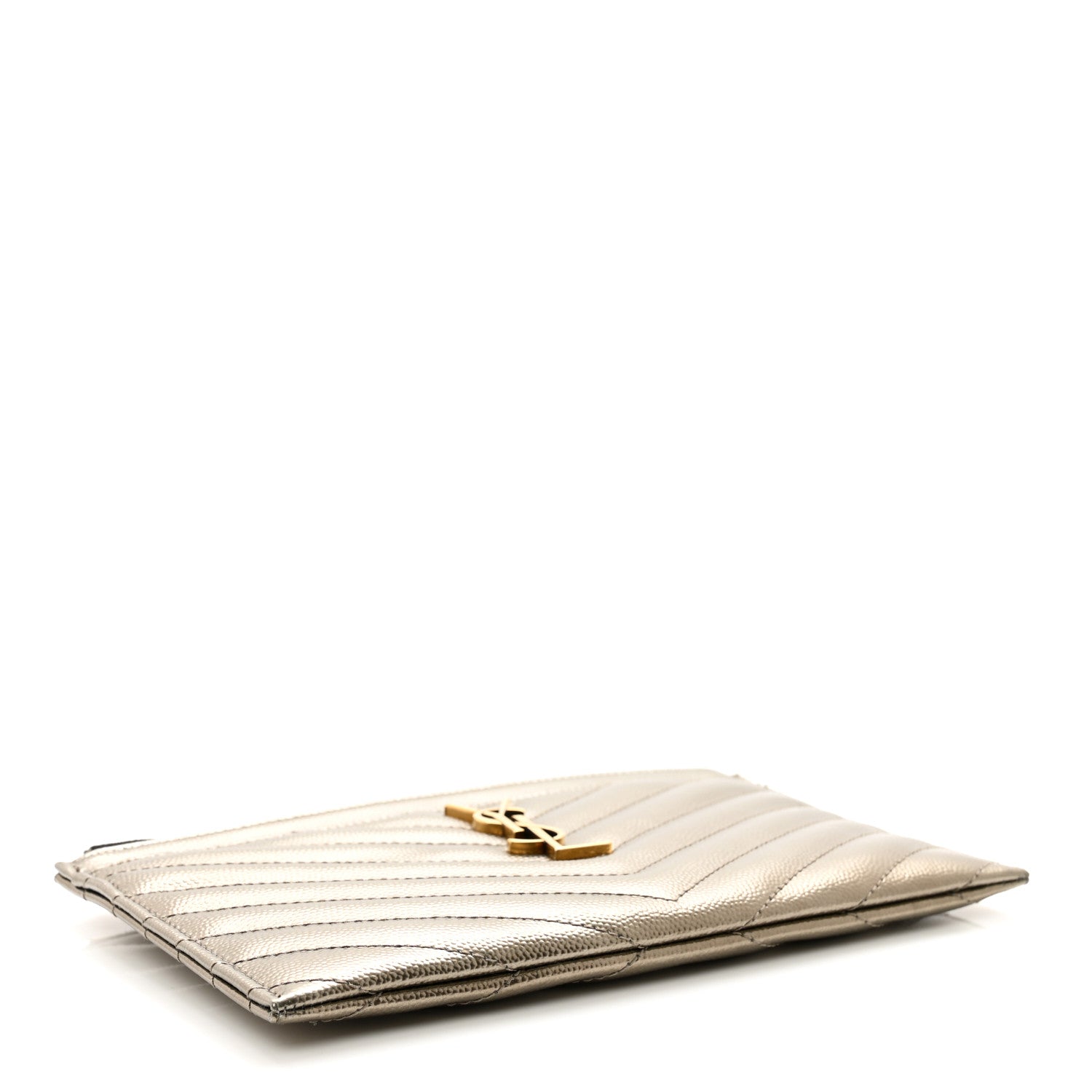Saint Laurent Metallic Grain De Poudre Matelasse Chevron Monogram Bill Pouch Piombo 4 of 7
