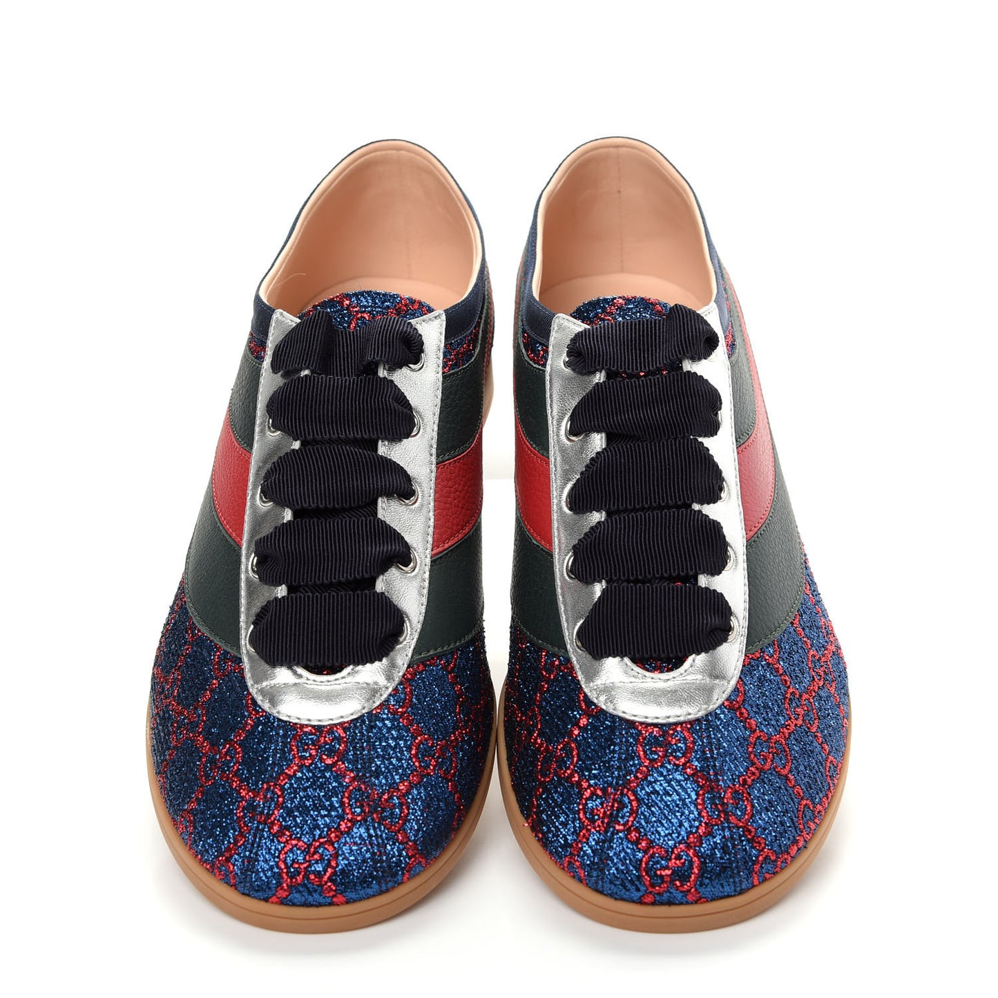 Lurex Calfskin Web GG Monogram Mens Falacer Sneakers 8.5 Iridescent Blue Iridescent Red Silver