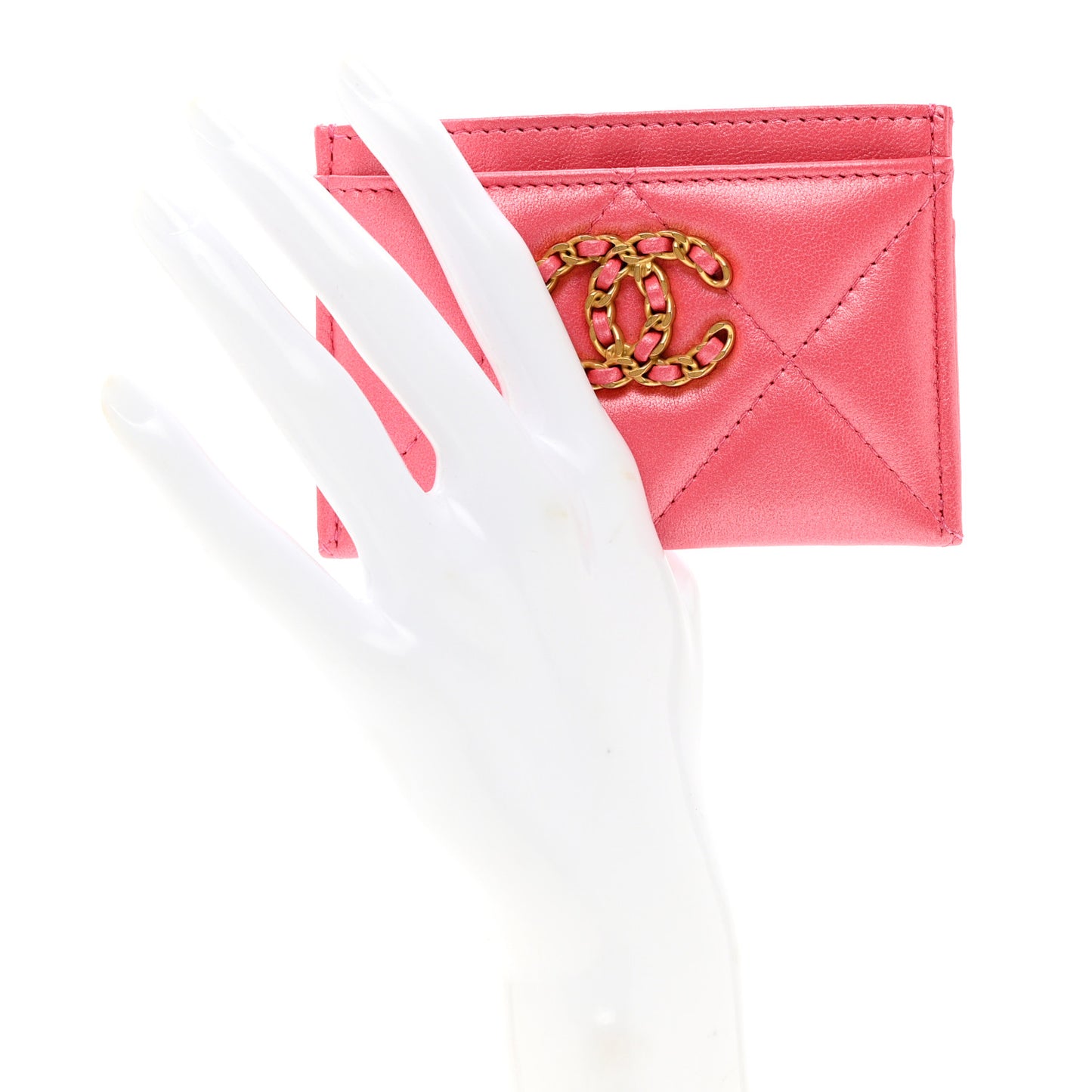 Lambskin Quilted Chanel 19 Card Holder Dark Pink