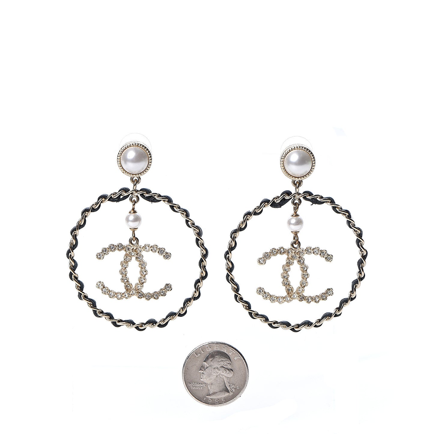 Lambskin Crystal Pearl CC Chain Hoop Earrings Gold Black