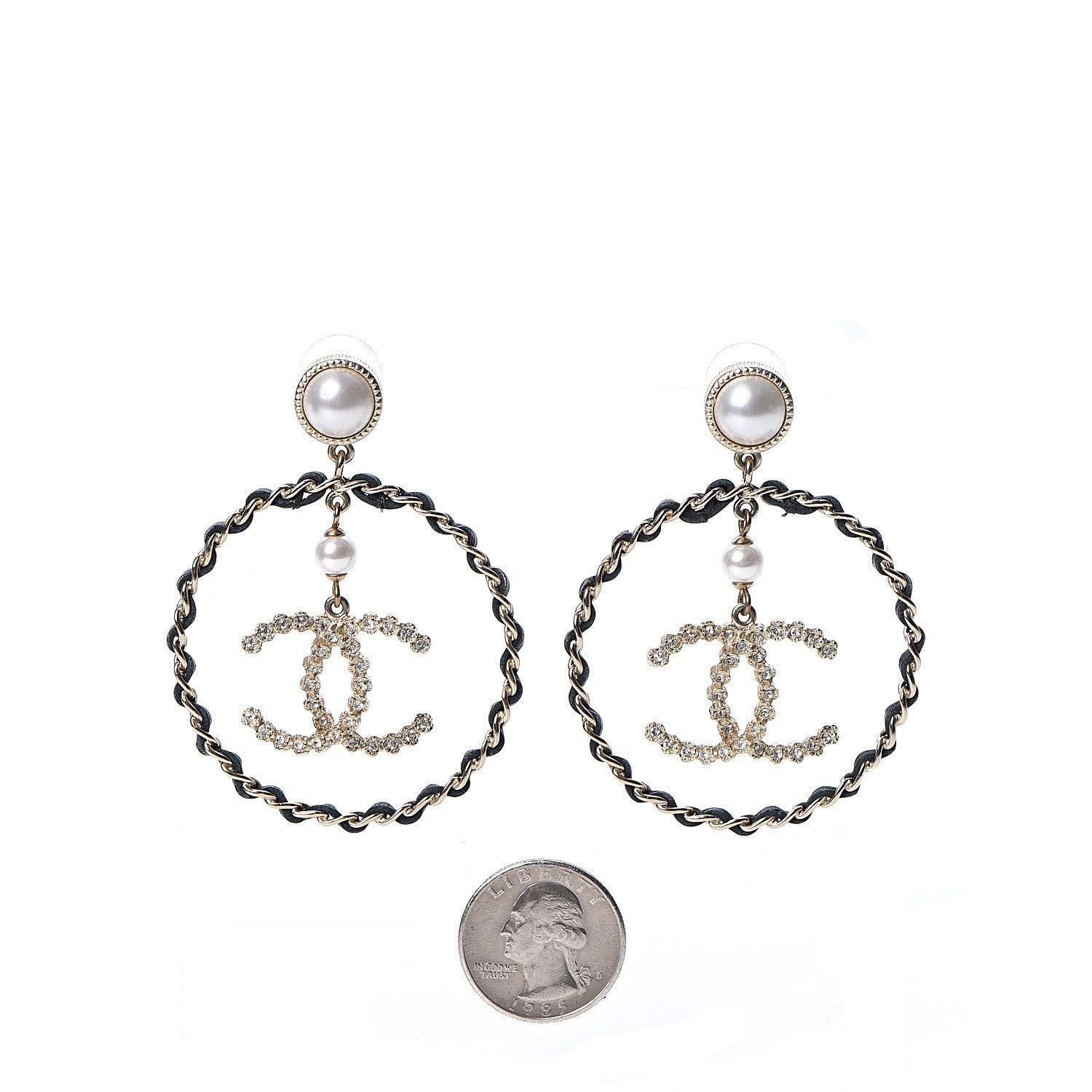 Chanel Lambskin Crystal Pearl CC Chain Hoop Earrings Gold Black 2 of 5
