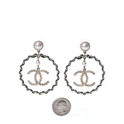 Chanel Lambskin Crystal Pearl CC Chain Hoop Earrings Gold Black 2 of 5