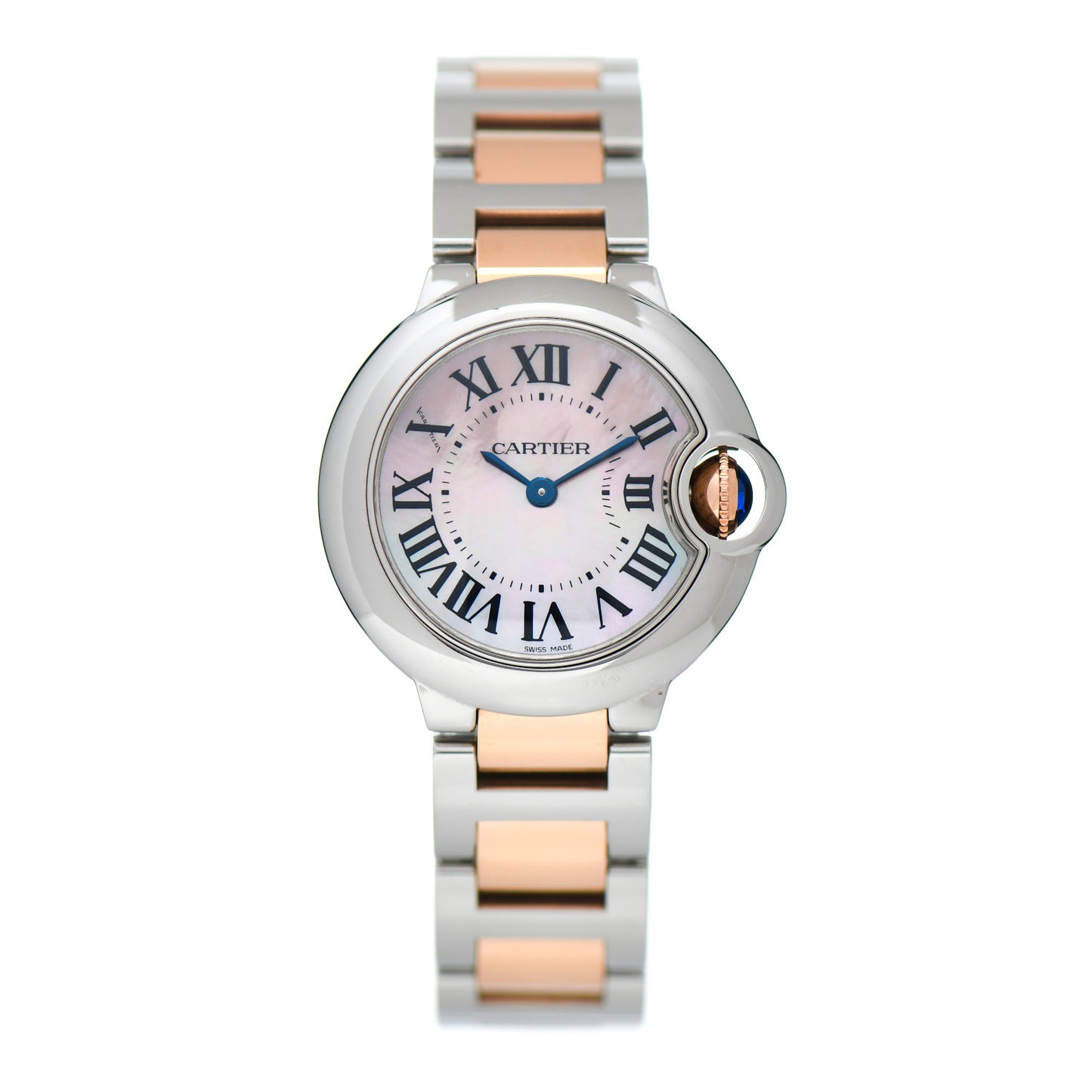 Stainless Steel 18K Pink Gold Pink Mother of Pearl 28mm Ballon Bleu De Cartier Quartz Watch