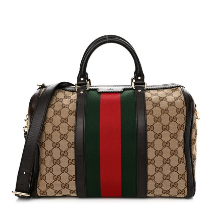 Gucci Monogram Selleria Calfskin Vintage Web Medium Boston Beige Ebony Cocoa 1 of 21