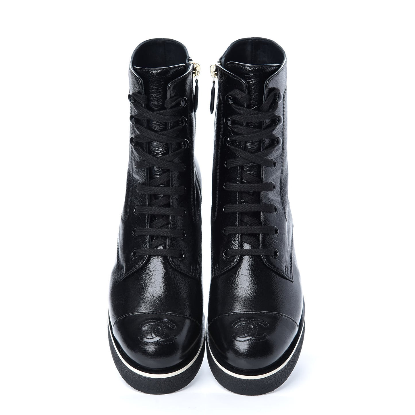Shiny Crumpled Lambskin Lace Up Boots 39 Black