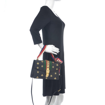 Gucci Textured Calfskin Bee Star Print Small Sylvie Shoulder Bag Black 2 of 11