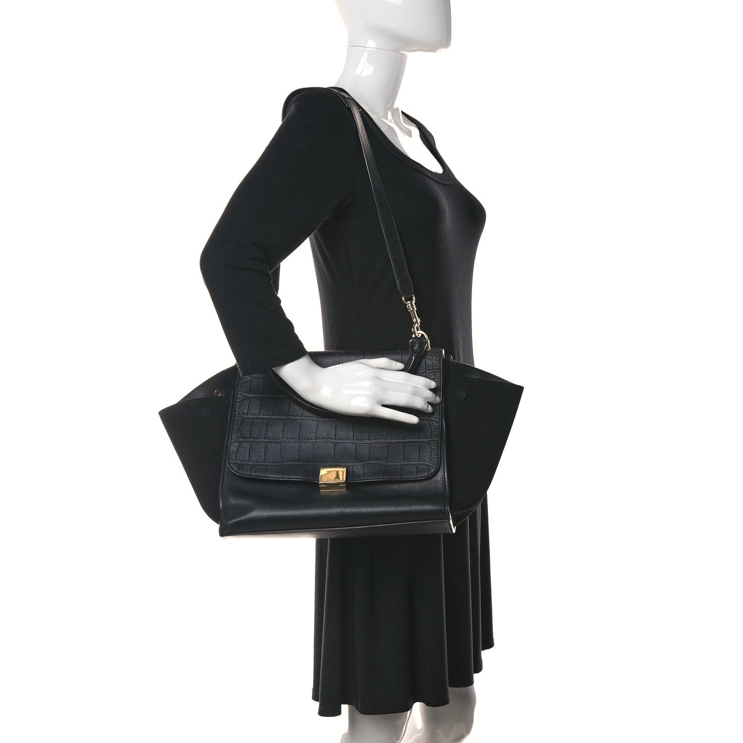 Crocodile Embossed Calfskin Suede Medium Trapeze Black