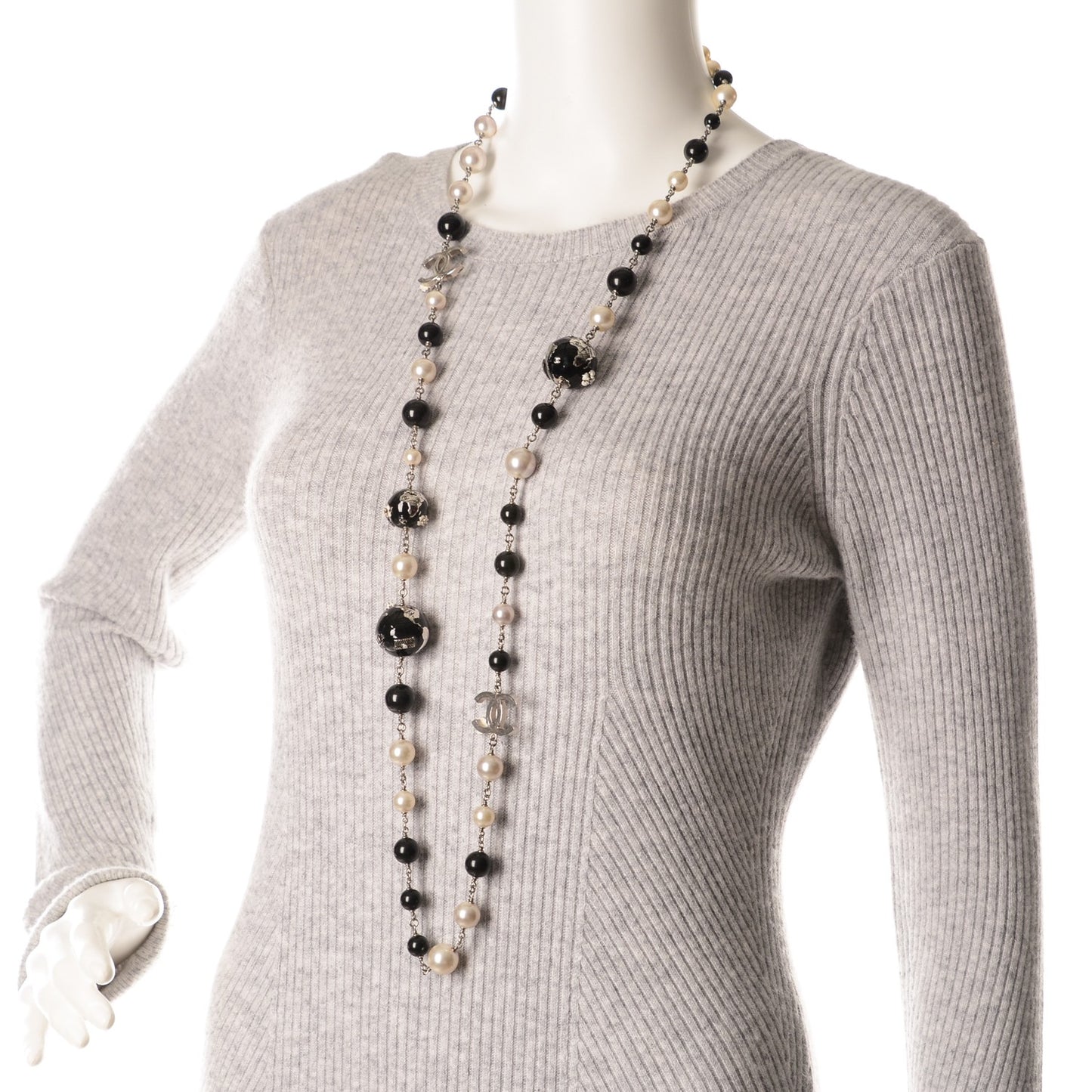 Beaded Globe Pearl CC Long Necklace Silver
