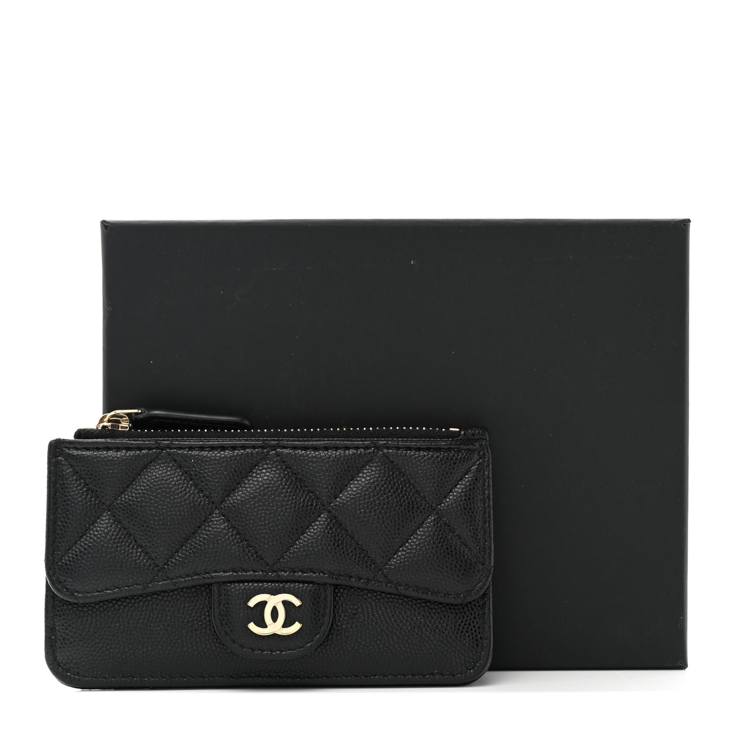 Caviar Quilted Flap Zip Card Holder Black