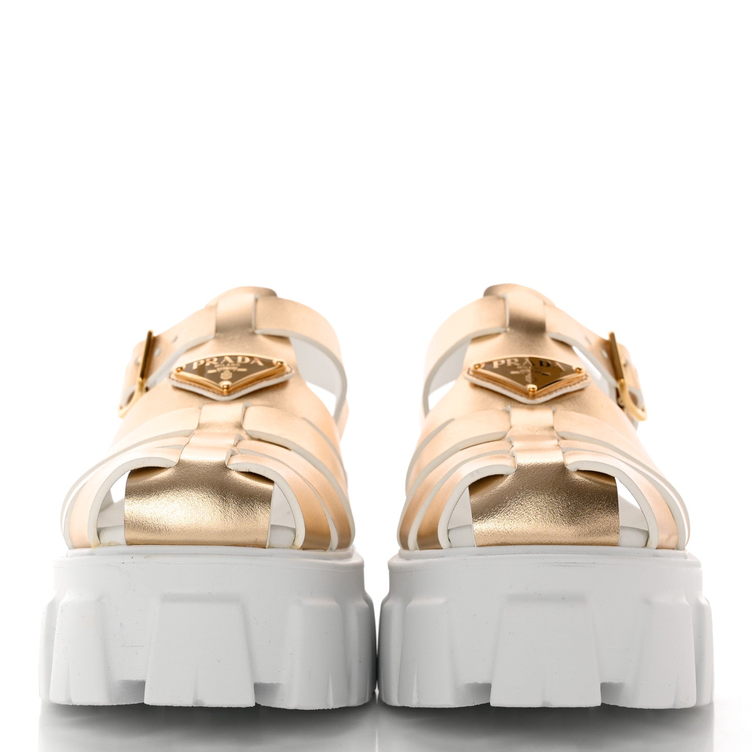 Prada Vitello Metal Triangle Logo Monolith 55mm Cage Sandals 37 Platino 2 of 12