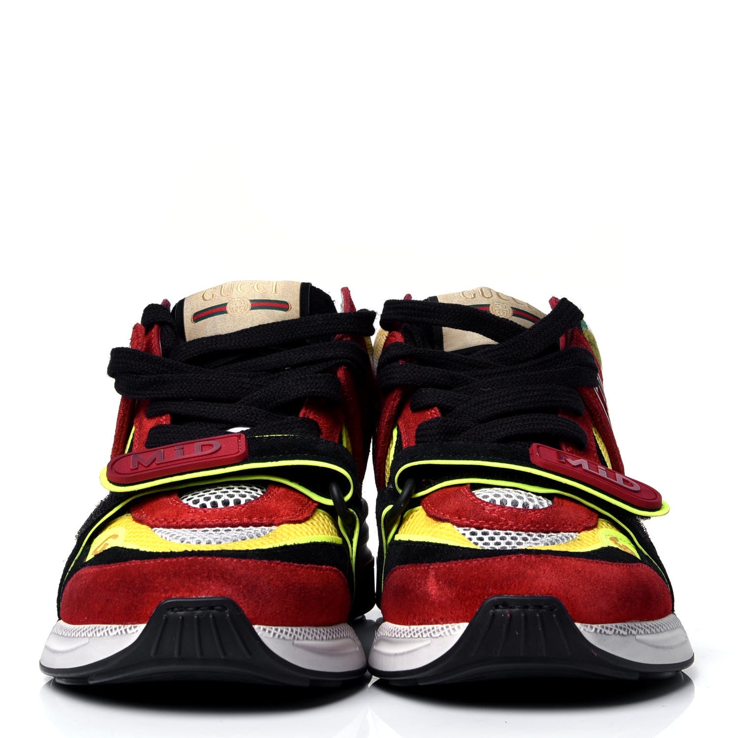 Gucci Suede Calfskin Womens Ultrapace Mid Top Sneakers 37.5 Hibiscus Red Black Neon Yellow Yolk 3 of 7