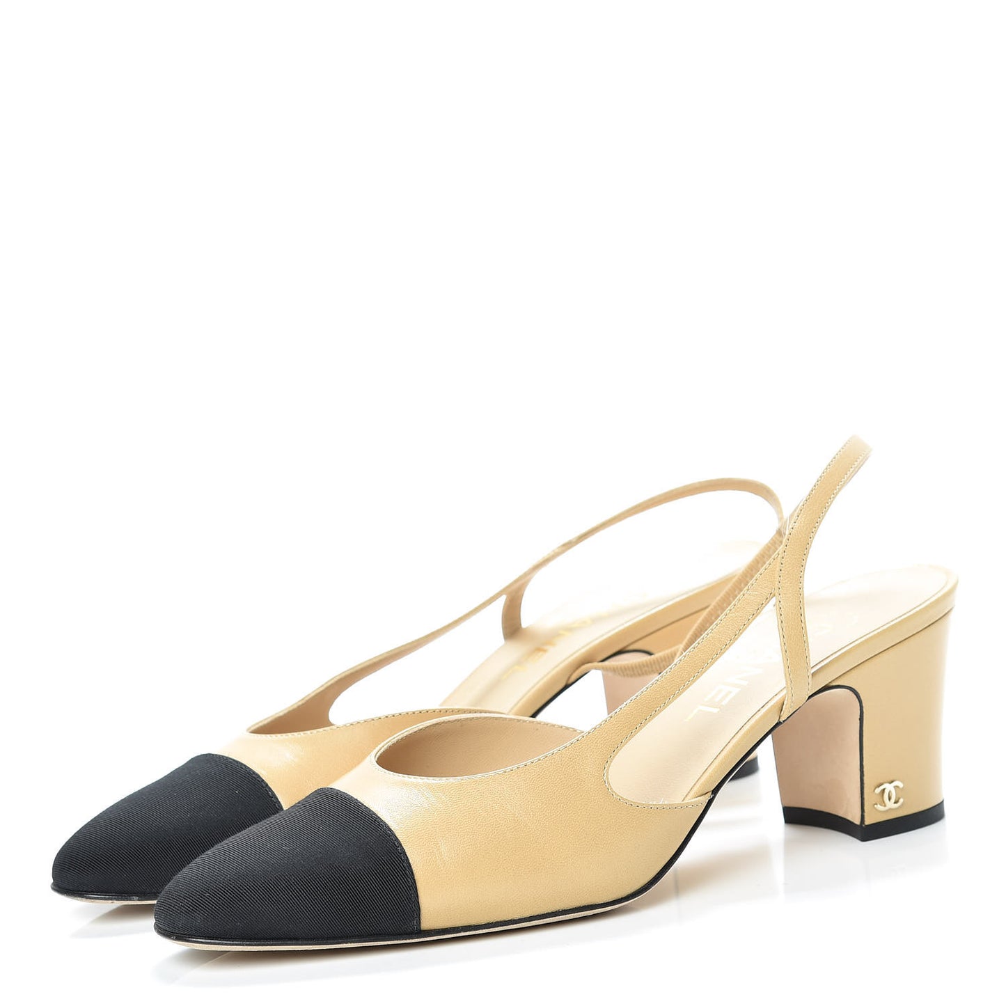 Goatskin Grosgrain Cap Toe CC Slingback Pumps 39.5 Beige Black