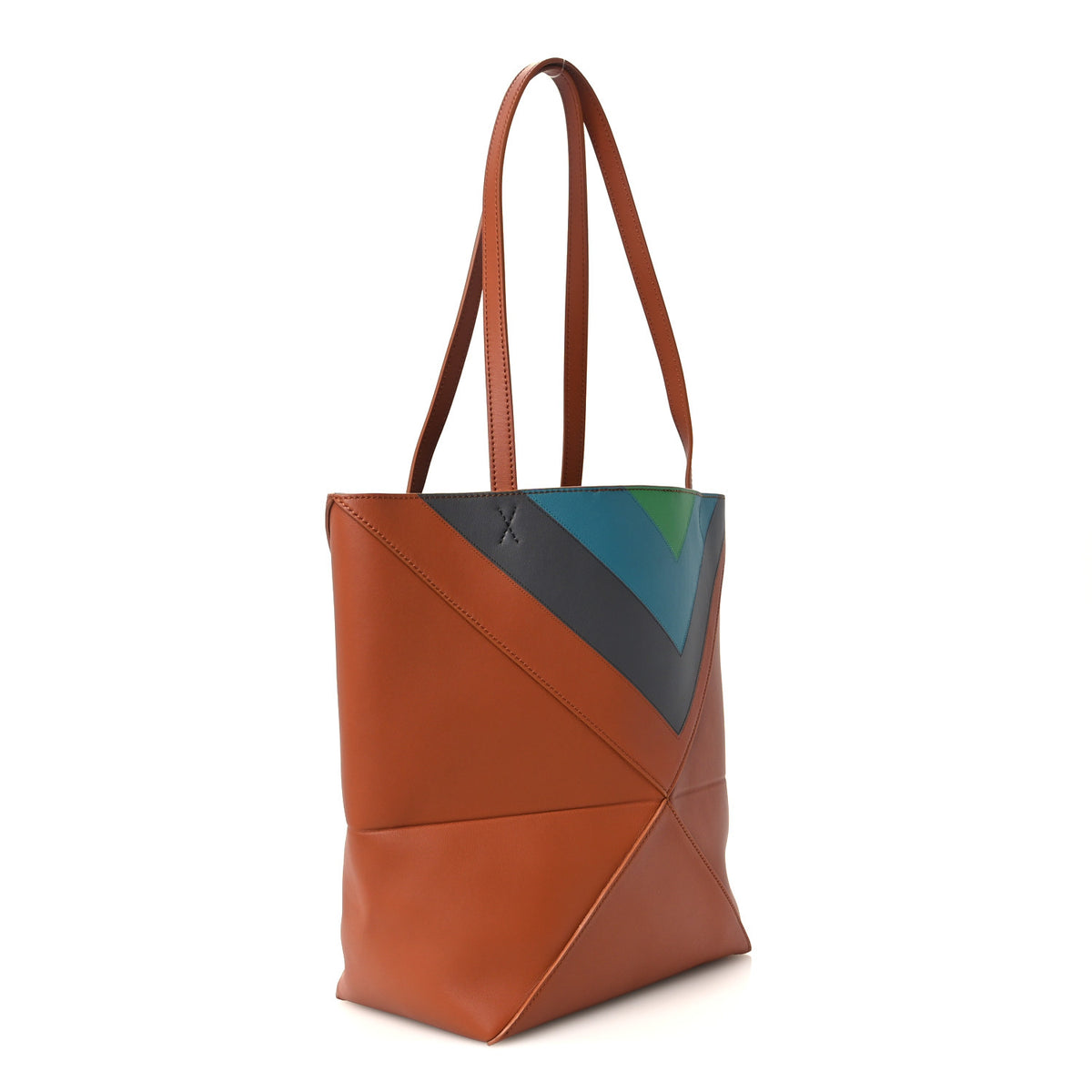 x Albers Calfskin Medium Puzzle Fold Tote Caramel Bright Green
