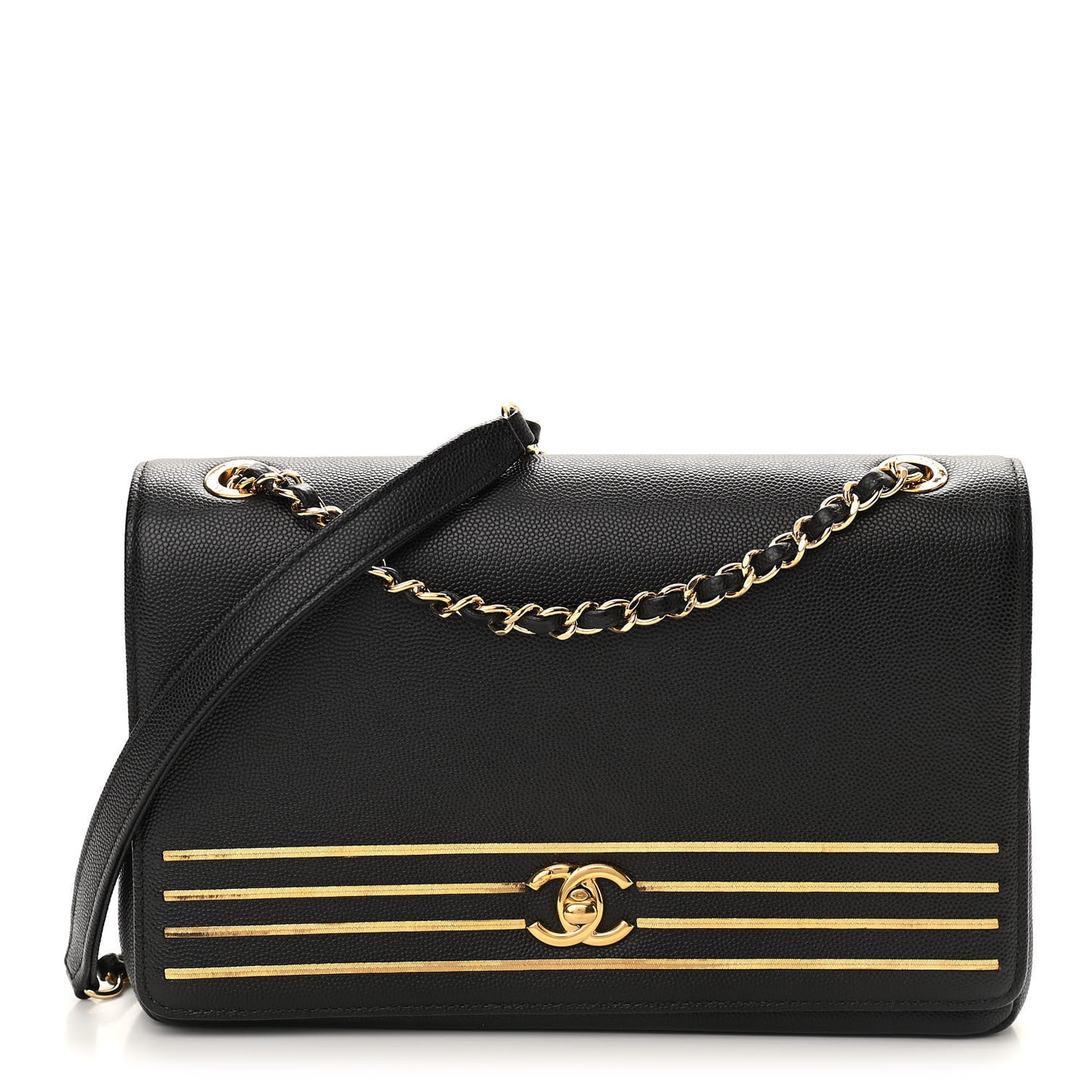 Grained Calfskin Embroidered Captain Gold Flap Bag Black